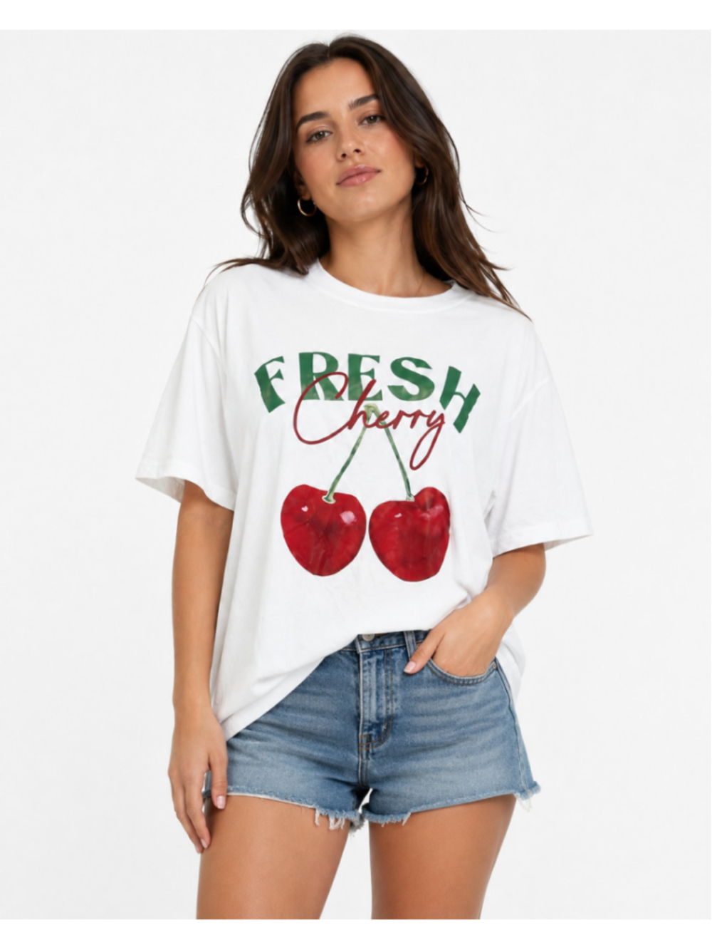 Shein Women's Medium White and Cherry Graphic Short Sleeve T-Shirt NWT